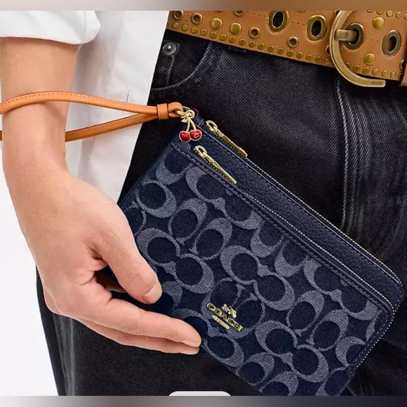 COACH Signature Denim Double Zip Wristlet with Cherry Charm - Picture 1 of 4
